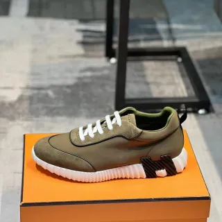 Hermès Army Green White Olive Suede And Fabric Upper Laces Sneakers