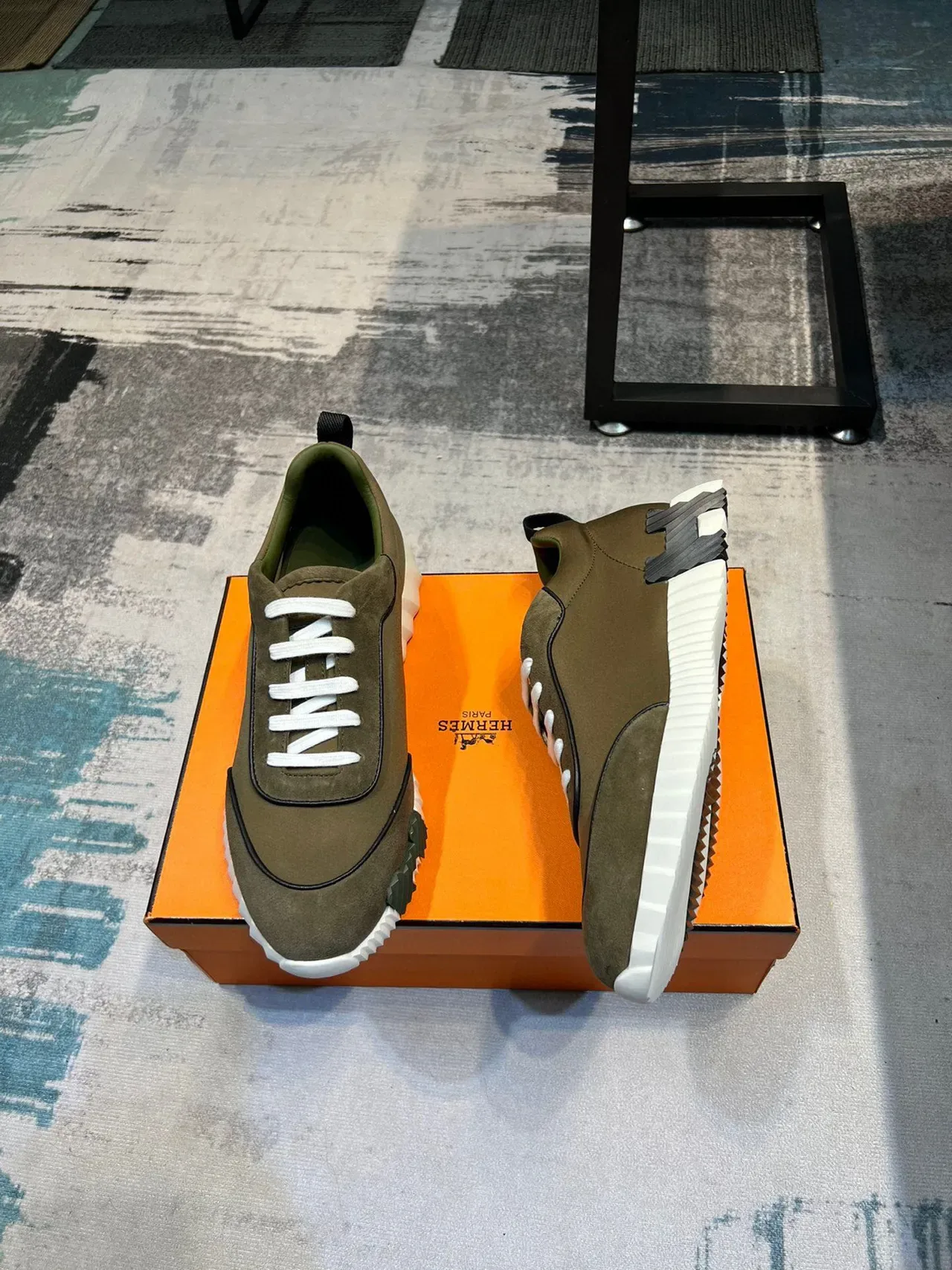 Hermès Army Green White Olive 麂皮和织物鞋面 系带运动鞋 4