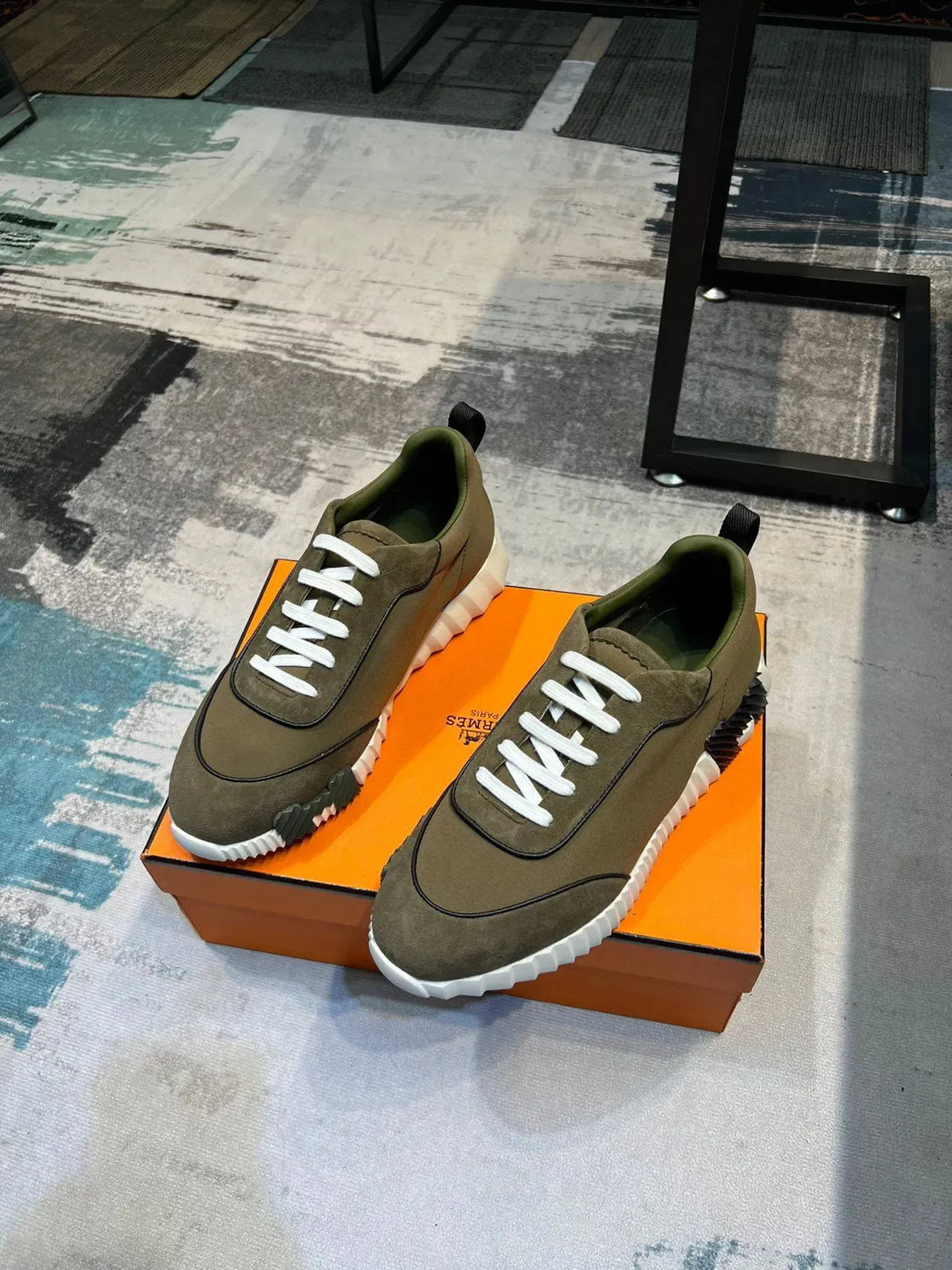 Hermès Army Green White Olive 麂皮和织物鞋面 系带运动鞋 5