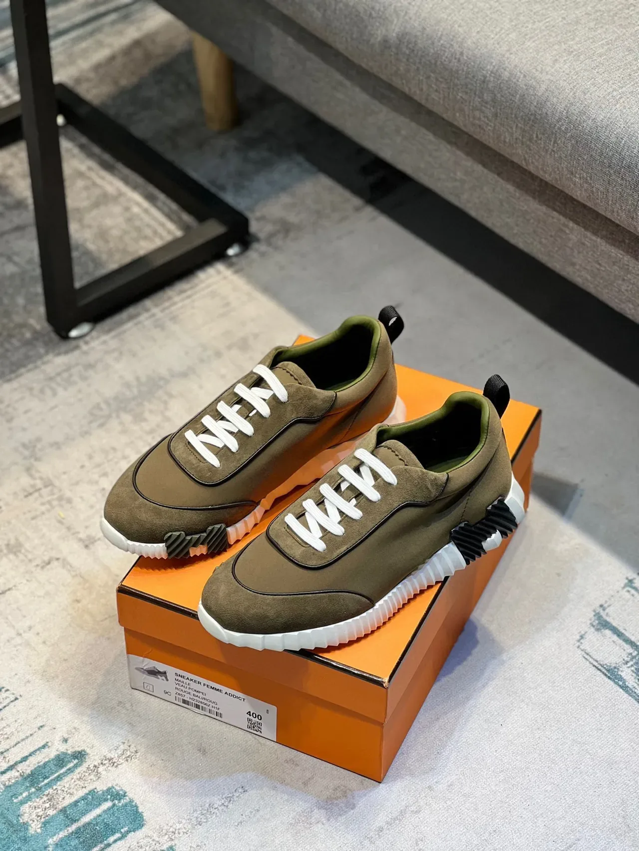 Hermès Army Green White Olive 麂皮和织物鞋面 系带运动鞋 6