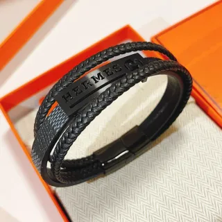 Hermès 黑色编织皮革双层缠绕手链