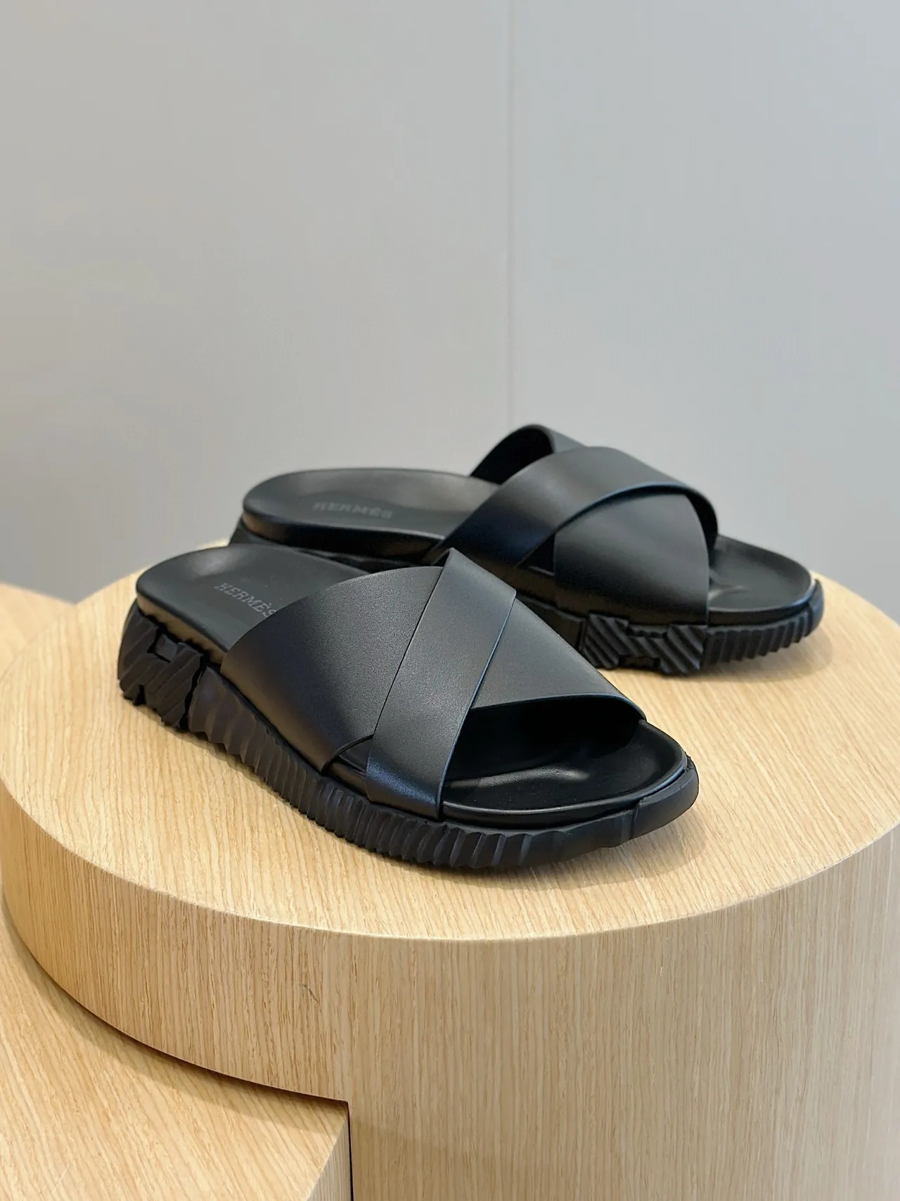 Hermès Black Crisscross Strap Platform Slippers 3