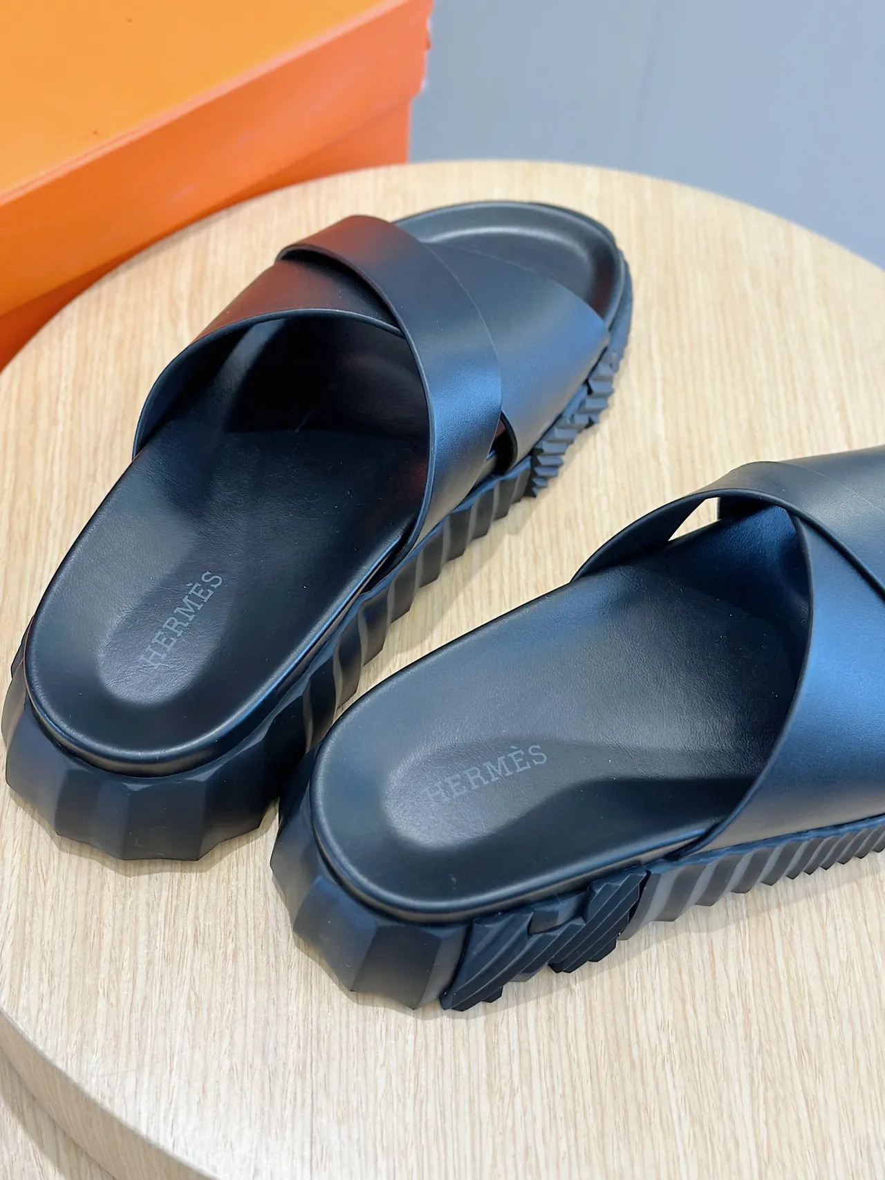Hermès Black Crisscross Strap Platform Slippers 6