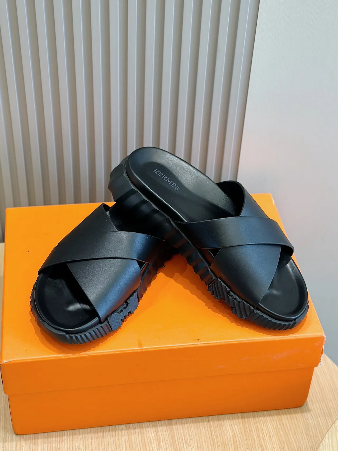 Hermès Black Crisscross Strap Platform Slippers 8