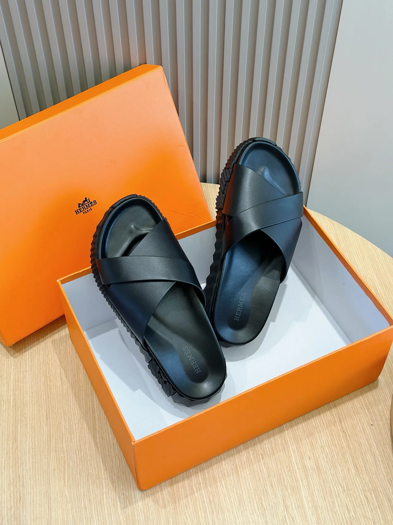 Hermès Black Crisscross Strap Platform Slippers 9