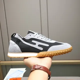 Hermès Black Gray Two-Tone Suede And Nylon Abstract Logo Panel Sneakers