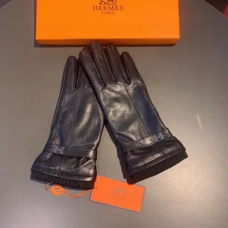 Hermès Black Silver Smooth Ribbed Knit Cuff Leather Gloves