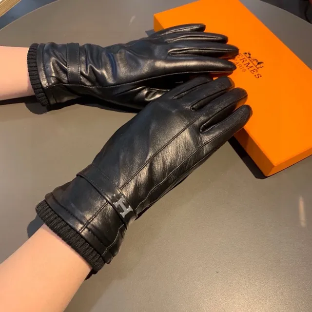 Hermès قفازات جلدية أسود فضي ناعم مرقط محبك كم 2