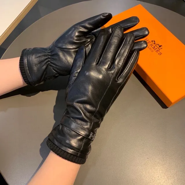 Hermès قفازات جلدية أسود فضي ناعم مرقط محبك كم 4
