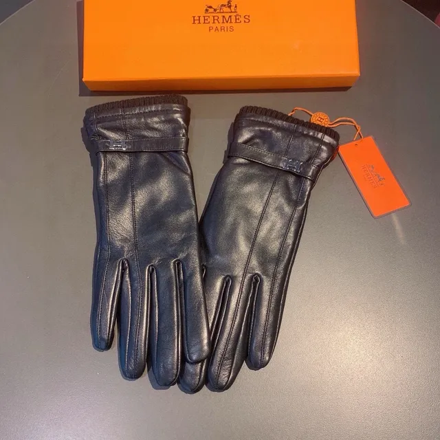Hermès قفازات جلدية أسود فضي ناعم مرقط محبك كم 5