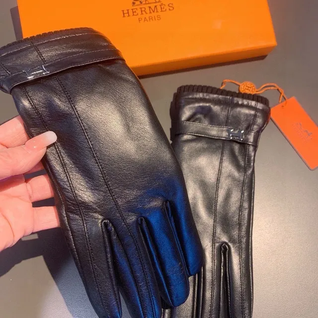 Hermès قفازات جلدية أسود فضي ناعم مرقط محبك كم 7
