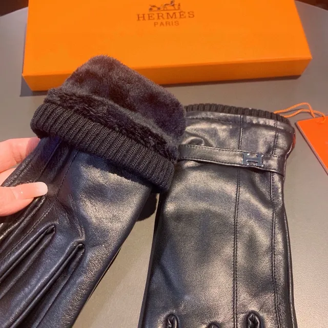 Hermès قفازات جلدية أسود فضي ناعم مرقط محبك كم 9