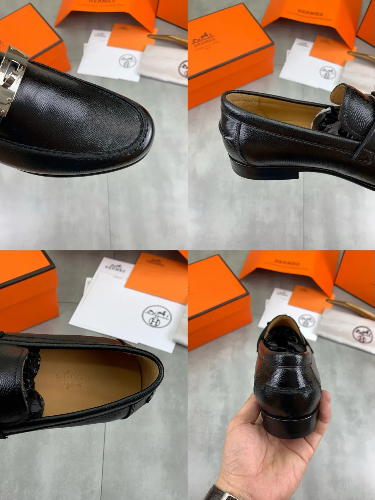 Hermès Black Silver Textured Leather Metal Buckle Clasp Loafer 2