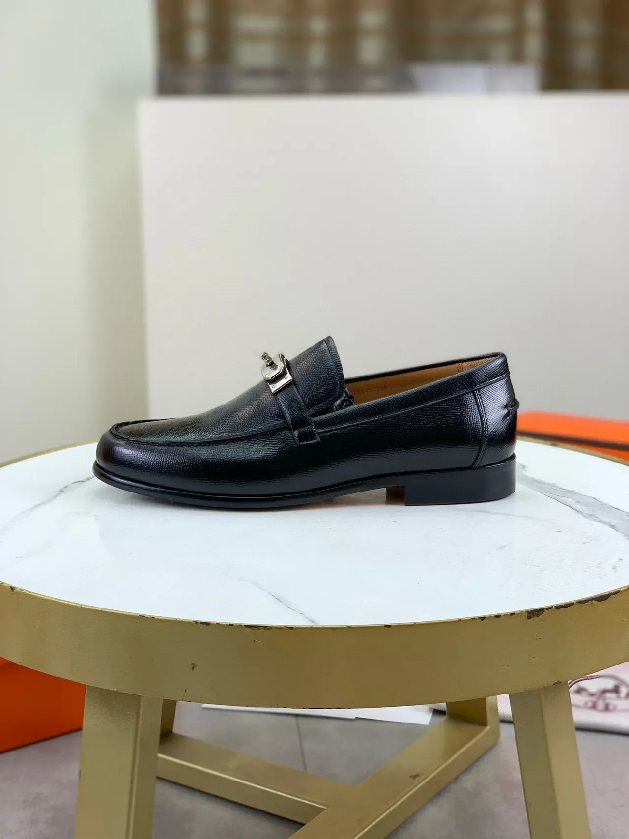 Hermès Black Silver Textured Leather Metal Buckle Clasp Loafer 6