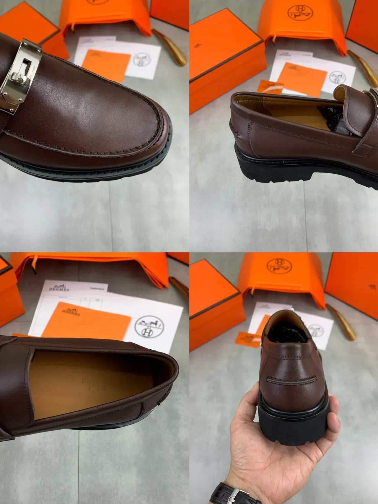 Hermès Brown Black Leather Slip-On Metal Turn-Lock Buckle Loafer 2