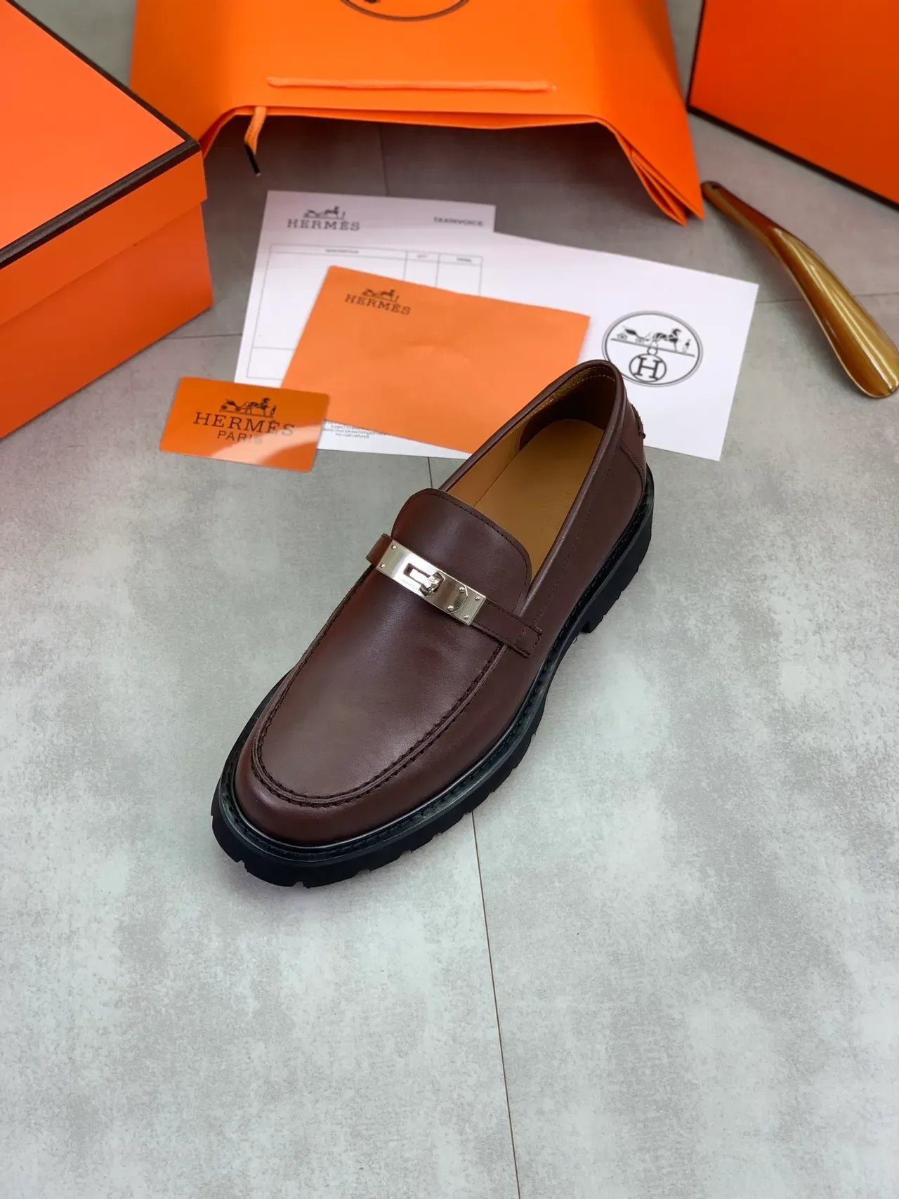 Hermès Brown Black Leather Slip-On Metal Turn-Lock Buckle Loafer 4