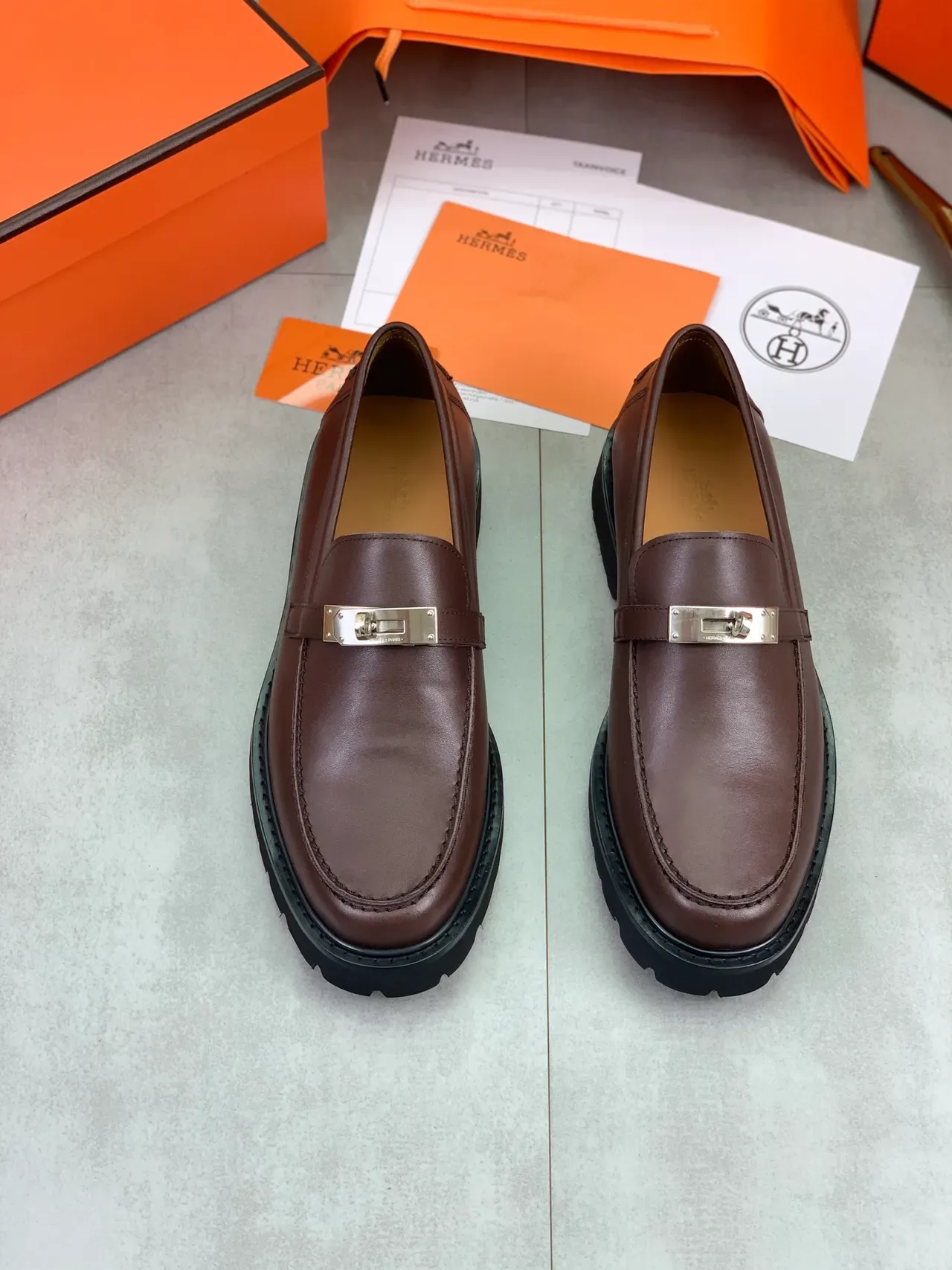 Hermès Brown Black Leather Slip-On Metal Turn-Lock Buckle Loafer 5
