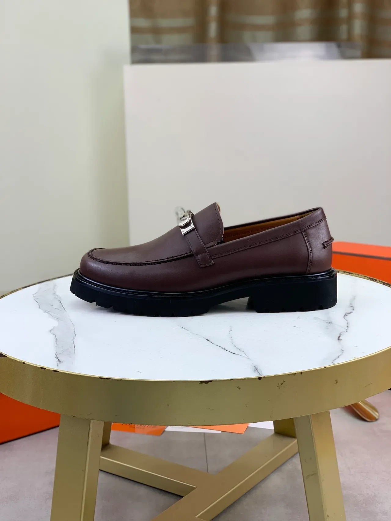 Hermès Brown Black Leather Slip-On Metal Turn-Lock Buckle Loafer 6