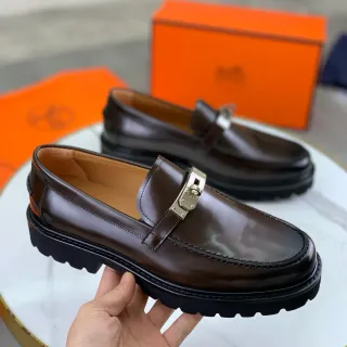 Hermès 棕黑抛光皮革金属H-Buckle乐福鞋