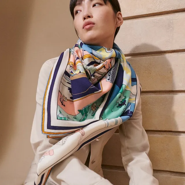 Hermès Cartoon-Print Border-Striped Multicolor Silk Scarf 3