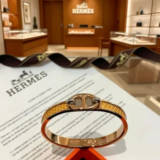 Hermès 金棕 H形切换扣 蛇皮纹理镶嵌 手链