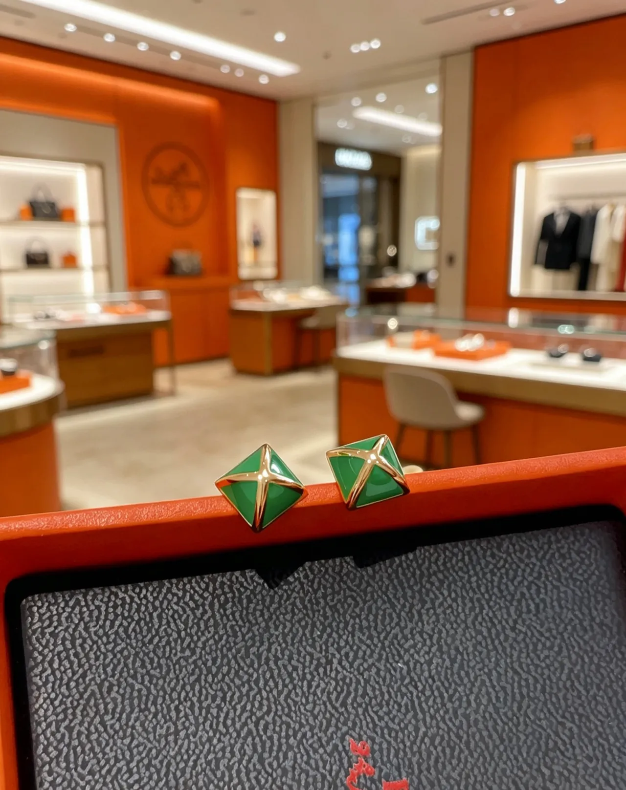 Hermès Green Enamel X-Frame Stud Earrings 3
