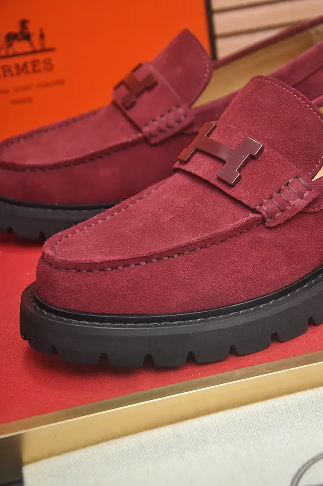 Hermès H-Buckle 乐福鞋 酒红色 黑色 麂皮上层 五金 乐福鞋 2