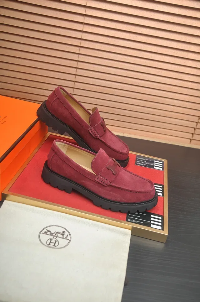 Hermès H-Buckle 乐福鞋 酒红色 黑色 麂皮上层 五金 乐福鞋 4