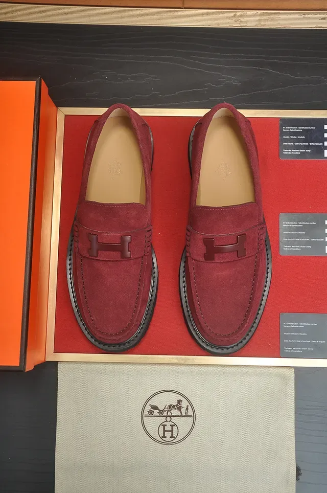 Hermès H-Buckle 乐福鞋 酒红色 黑色 麂皮上层 五金 乐福鞋 5