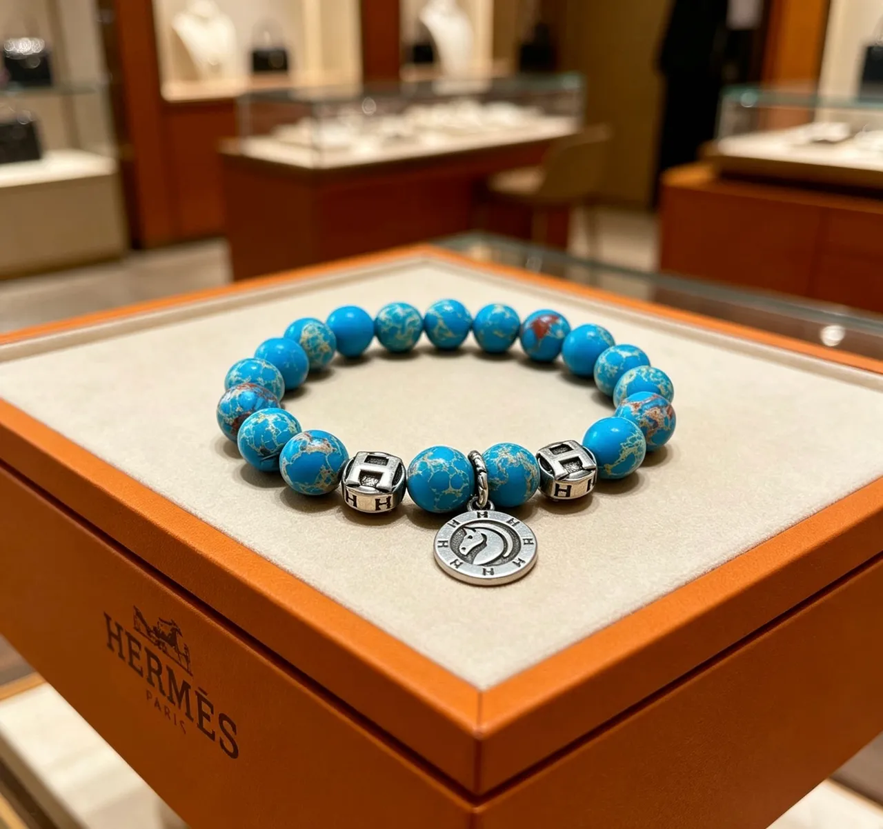Hermès H Collection Turquoise Beaded Silver-Tone Charm Bracelet 6