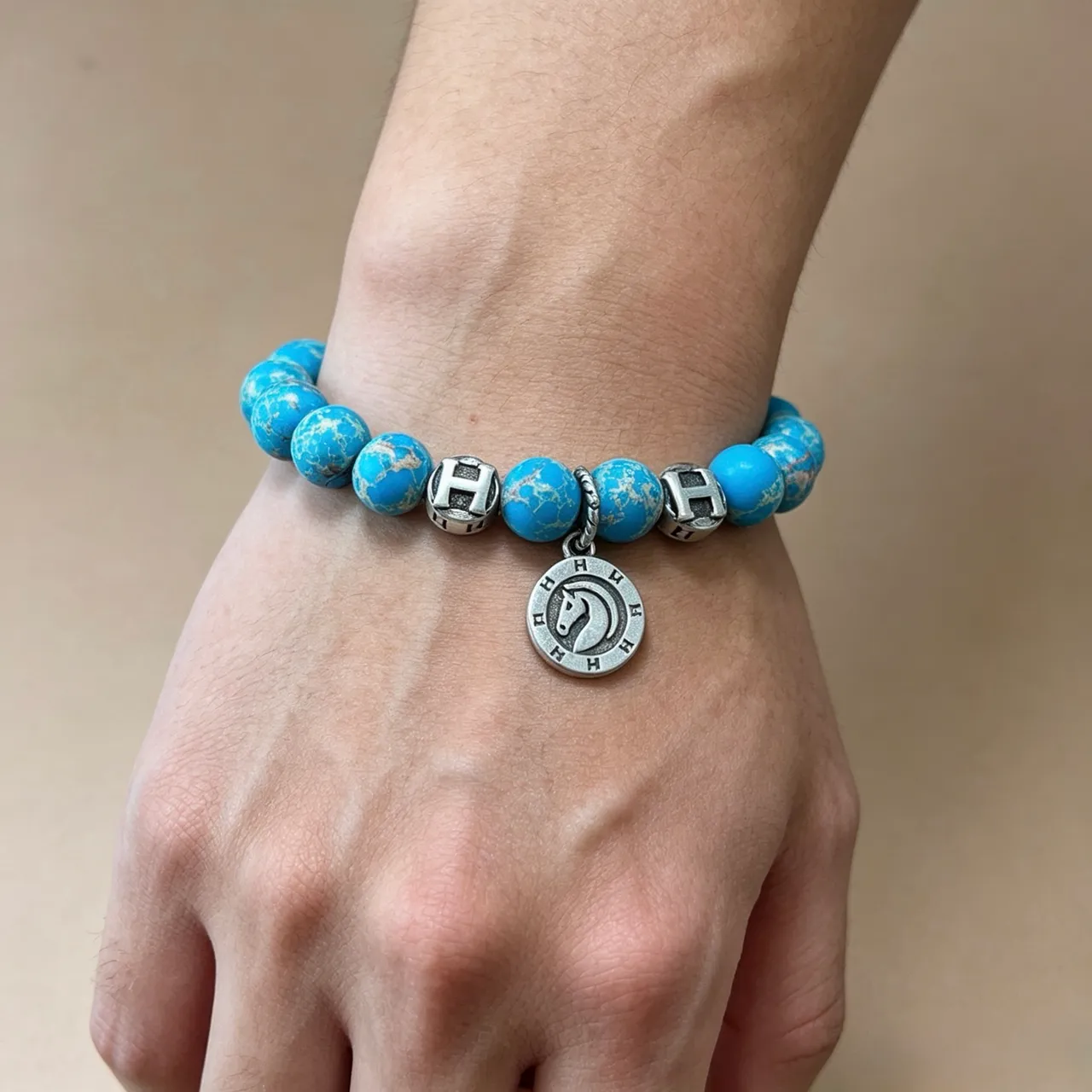 Hermès H Collection Turquoise Beaded Silver-Tone Charm Bracelet 7