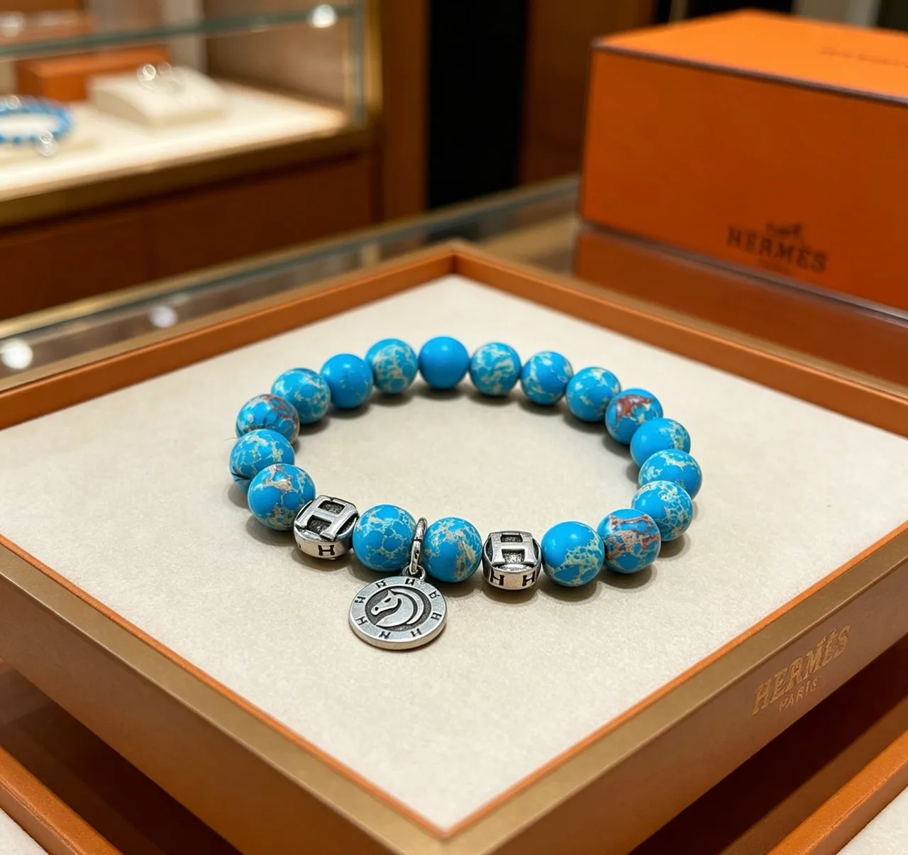 Hermès H Collection Turquoise Beaded Silver-Tone Charm Bracelet 8