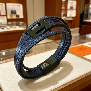 Hermès H de Hermès سوار جلد مضفر أزرق بحري