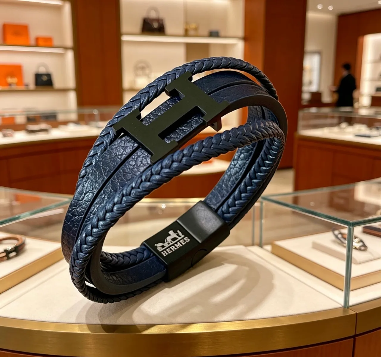 Hermès H de Hermès Navy Blue Braided Leather Bracelet 3