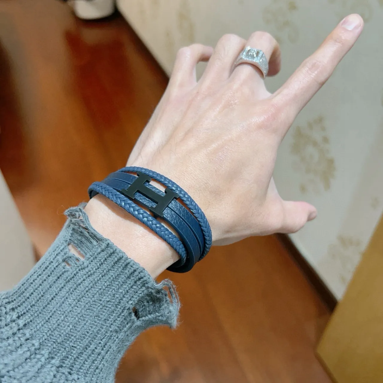 Hermès H de Hermès Navy Blue Braided Leather Bracelet 8