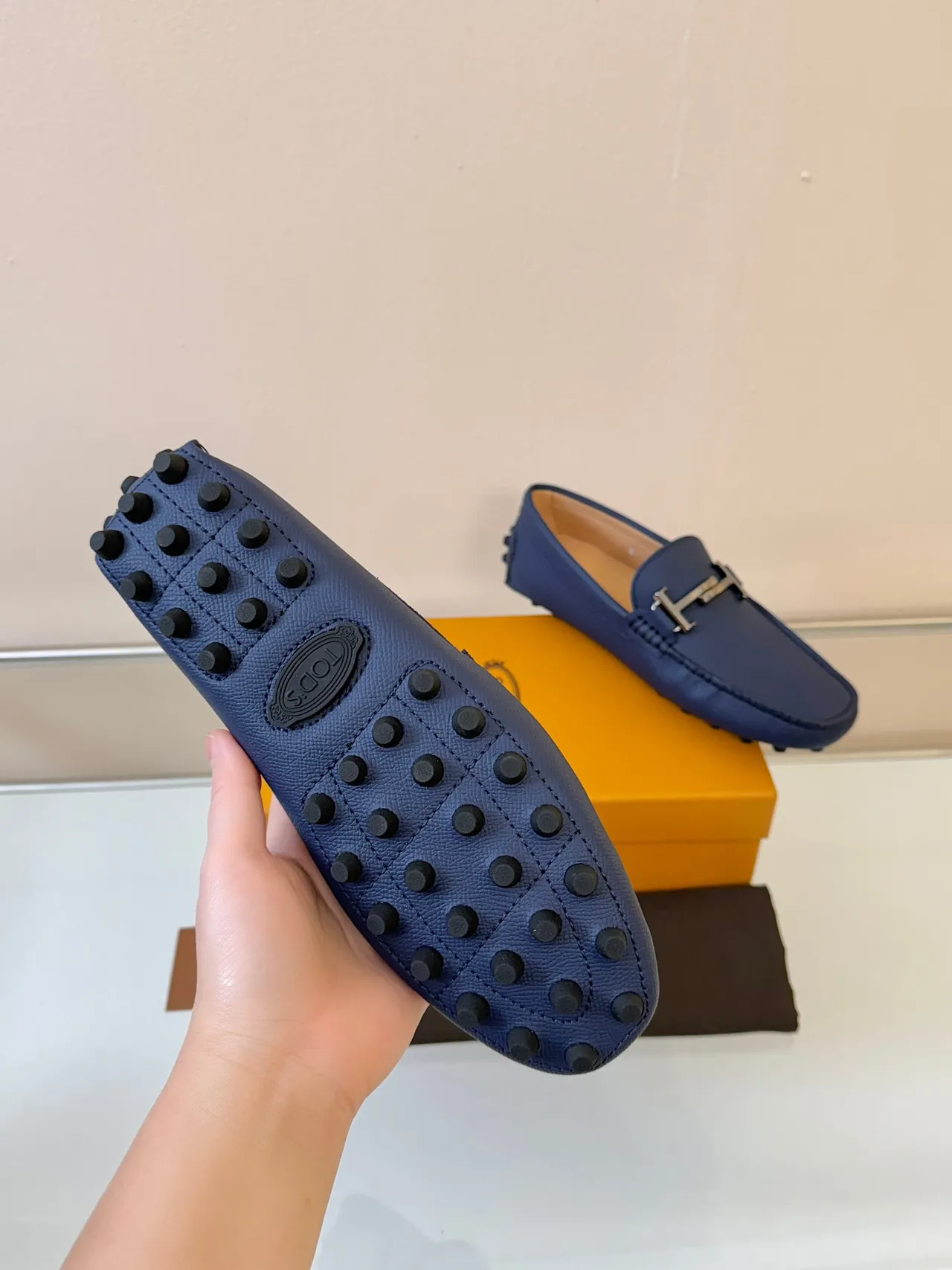 Hermès H Loafer Mocassim Couro Granulado Azul Marinho 5