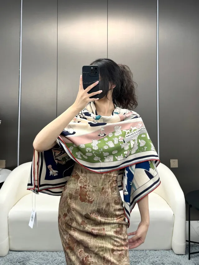 Hermès Illustrated Cartoon Motif Navy and Cream Silk Scarf 3