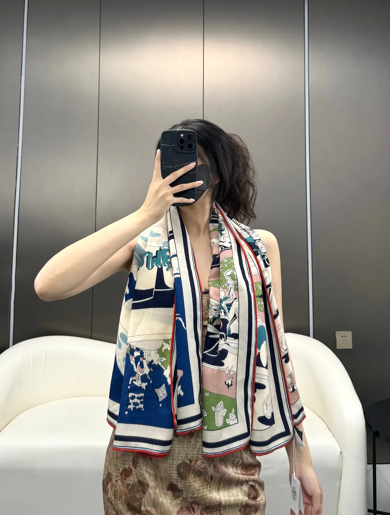 Hermès Illustrated Cartoon Motif Navy and Cream Silk Scarf 4