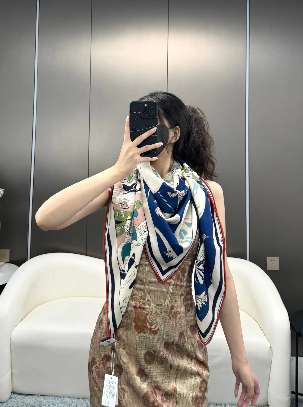Hermès Illustrated Cartoon Motif Navy and Cream Silk Scarf 5