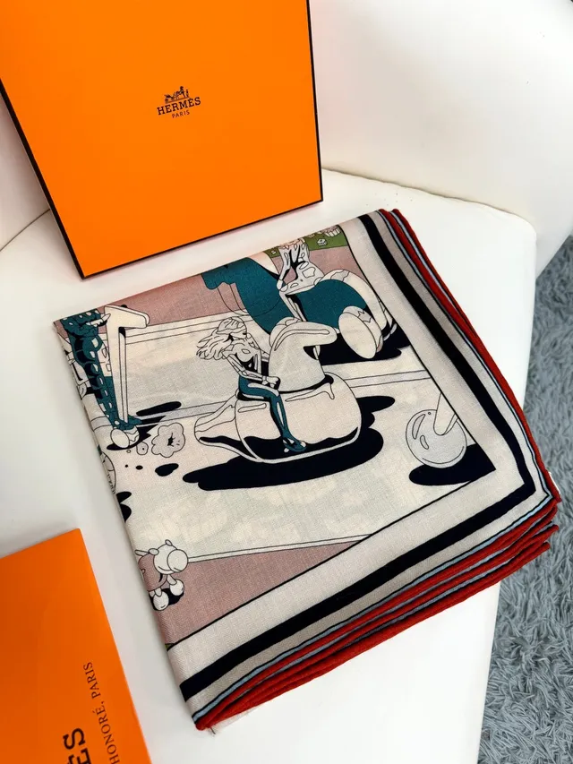 Hermès Illustrated Cartoon Motif Navy and Cream Silk Scarf 7