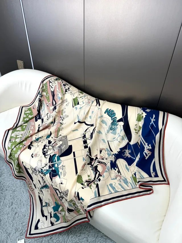 Hermès Illustrated Cartoon Motif Navy and Cream Silk Scarf 8