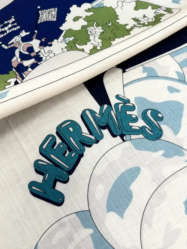 Hermès Illustrated Cartoon Motif Navy and Cream Silk Scarf 9
