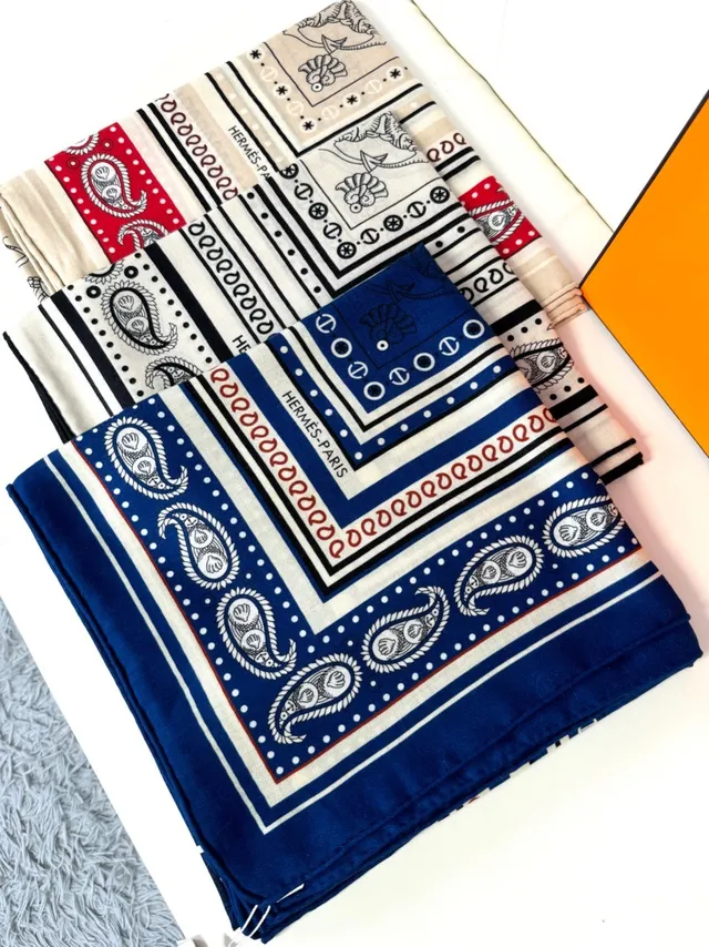 Hermès Navy et Cream Écharpe de Soie à Bord Imprimé 5