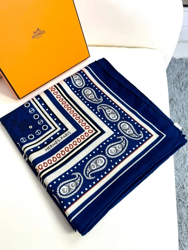 Hermès Navy et Cream Écharpe de Soie à Bord Imprimé 6