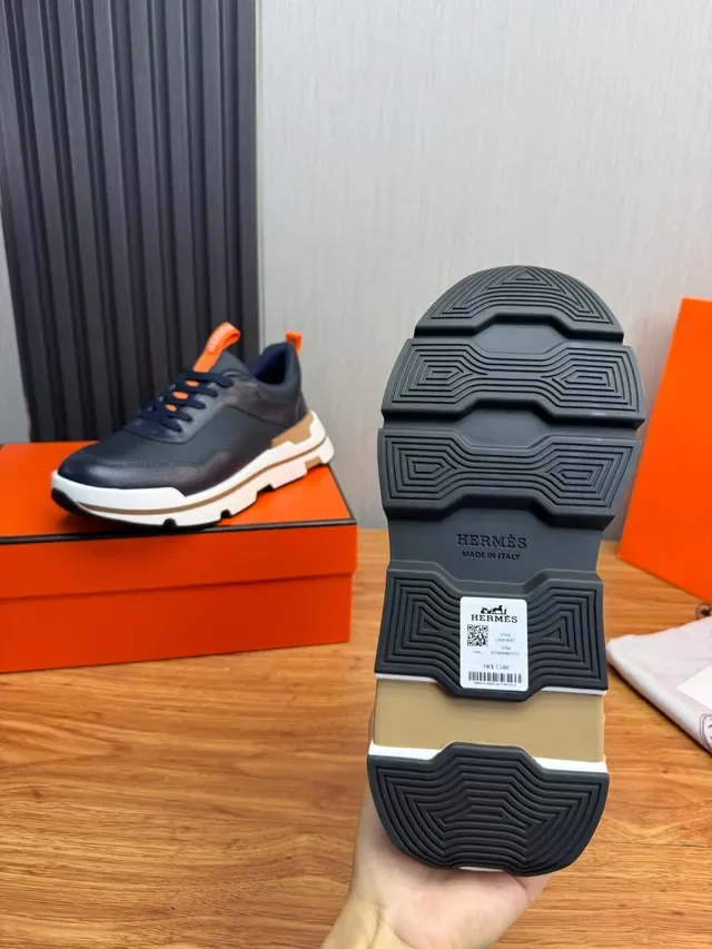 Hermès 海军橙色 厚底网布及颗粒皮革鞋面运动鞋 2