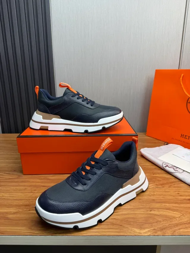Hermès 海军橙色 厚底网布及颗粒皮革鞋面运动鞋 4