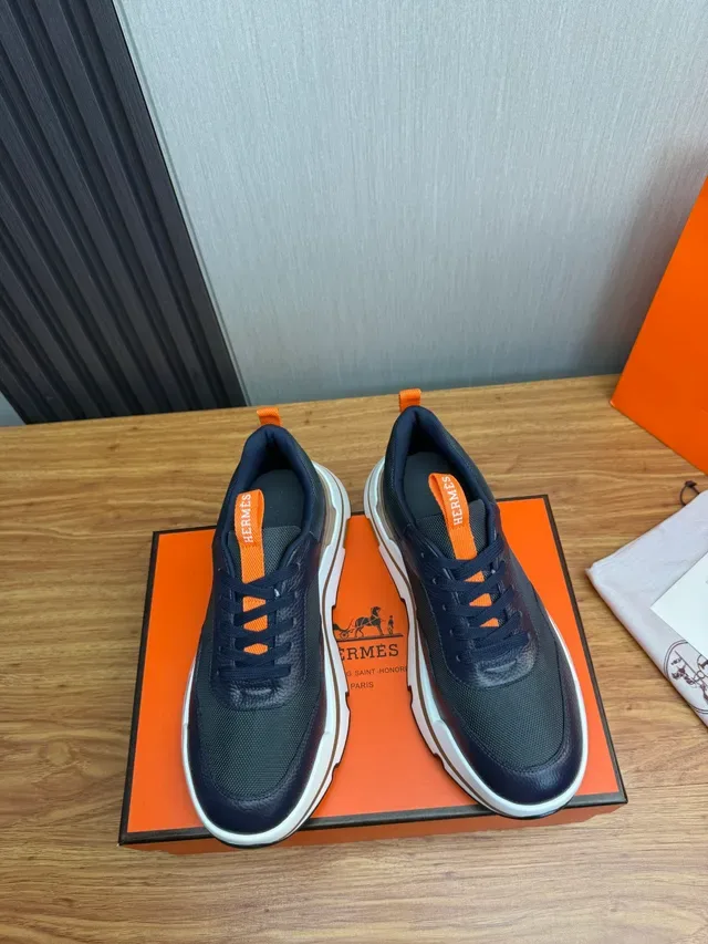 Hermès 海军橙色 厚底网布及颗粒皮革鞋面运动鞋 5