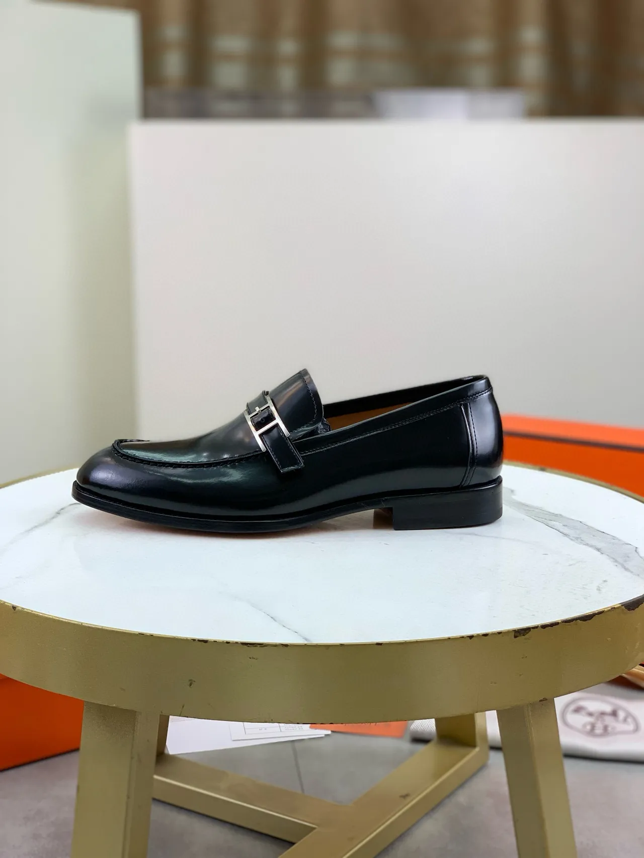 Hermès Oran Black Leather H-Buckle Loafers 2