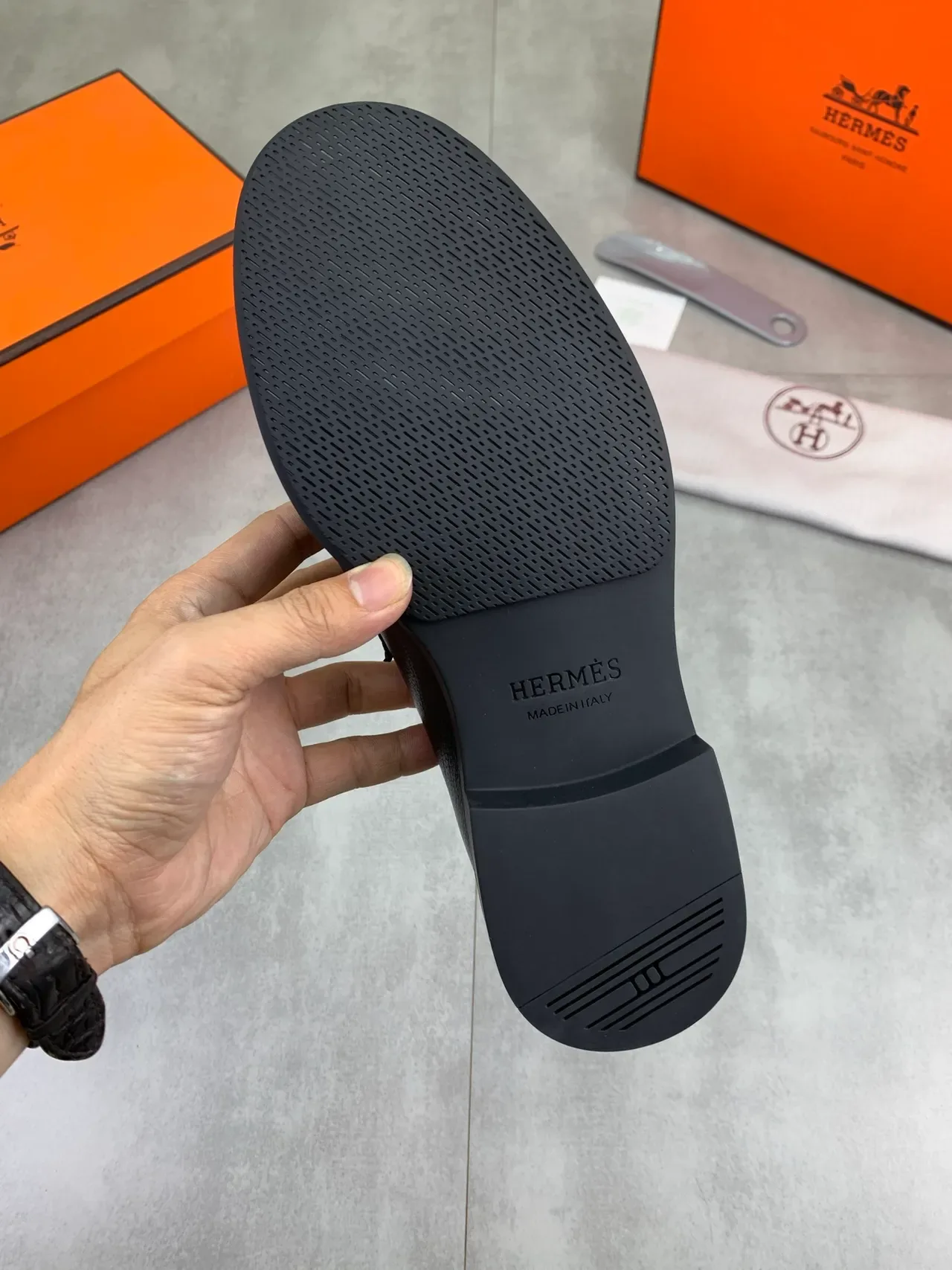Hermès Oran Black Pebbled Leather H-Buckle Loafers 3