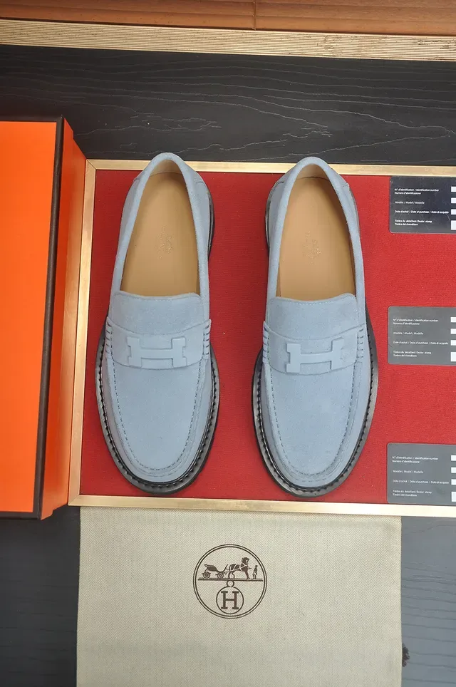 Hermès Oran لفر جلد أبو الصوف أزرق أسود H-Buckle Hardware 5